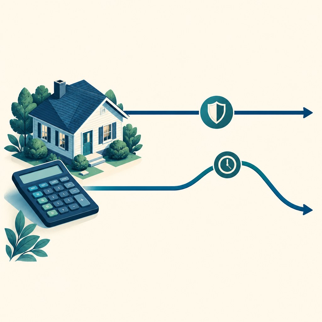 Illustration of a rental house and calculator beside a straight fixed-rate path with a shield and an adjustable-rate path with a clock.