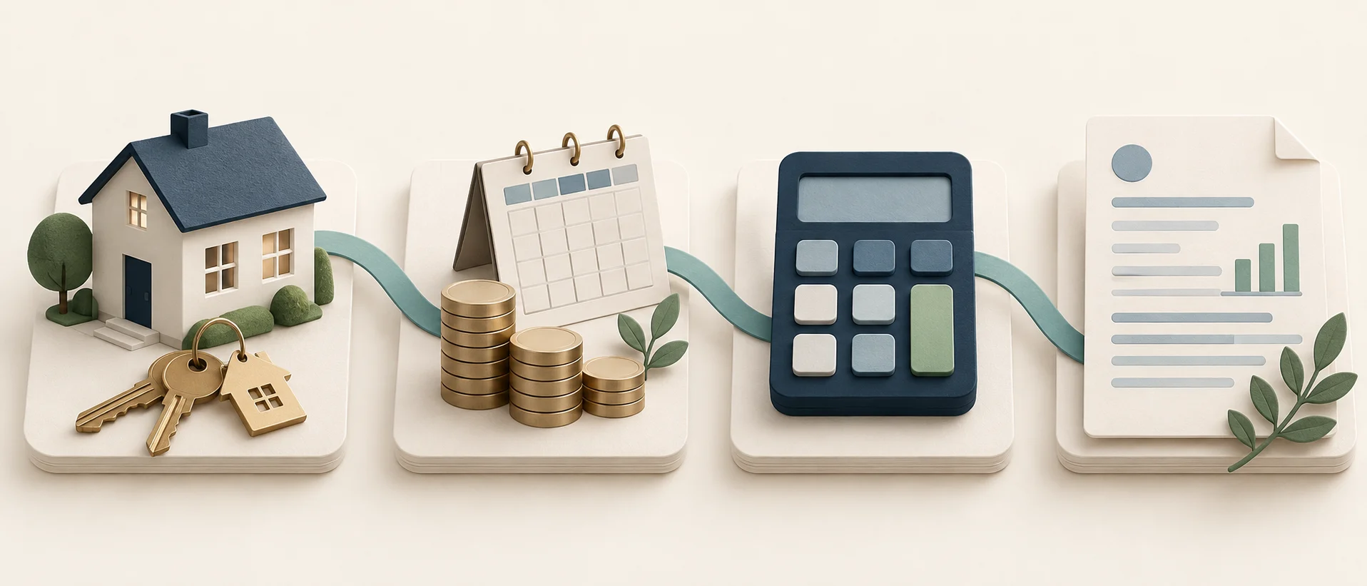 Illustration of a rental house, income calendar, calculator and deal memo connected by a teal ribbon.
